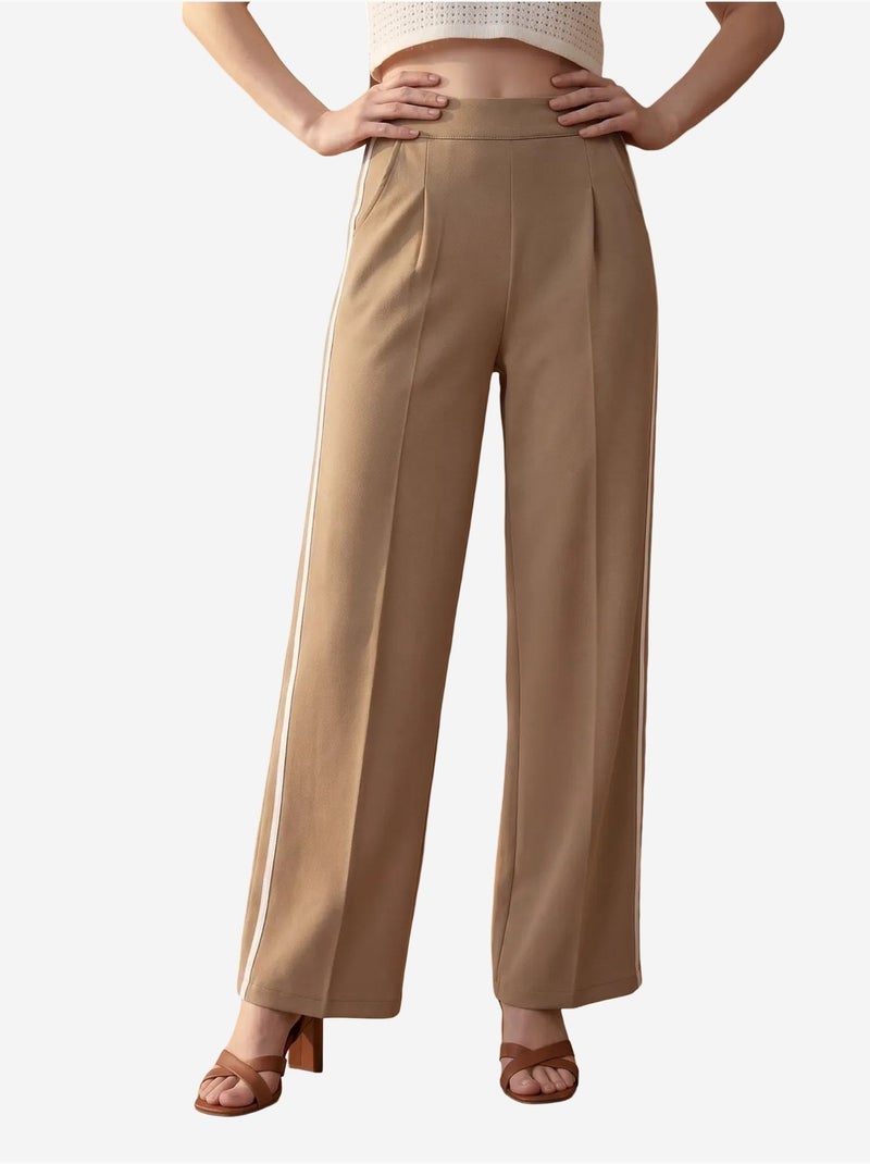 Calças de perna larga com pregas e cintura alta my fashion Camelo - Kiabi