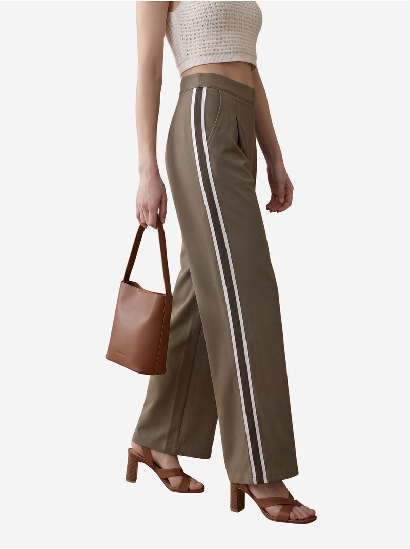 Calças de perna larga com pregas e cintura alta my fashion Cáqui - Kiabi