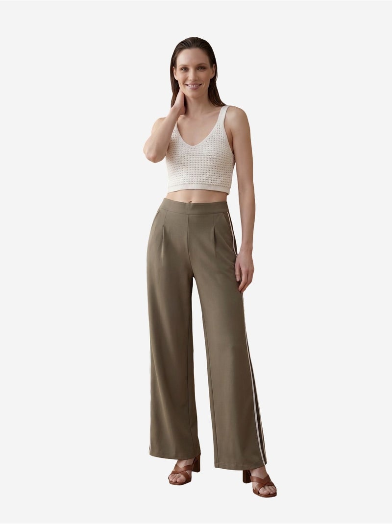 Calças de perna larga com pregas e cintura alta my fashion Cáqui - Kiabi