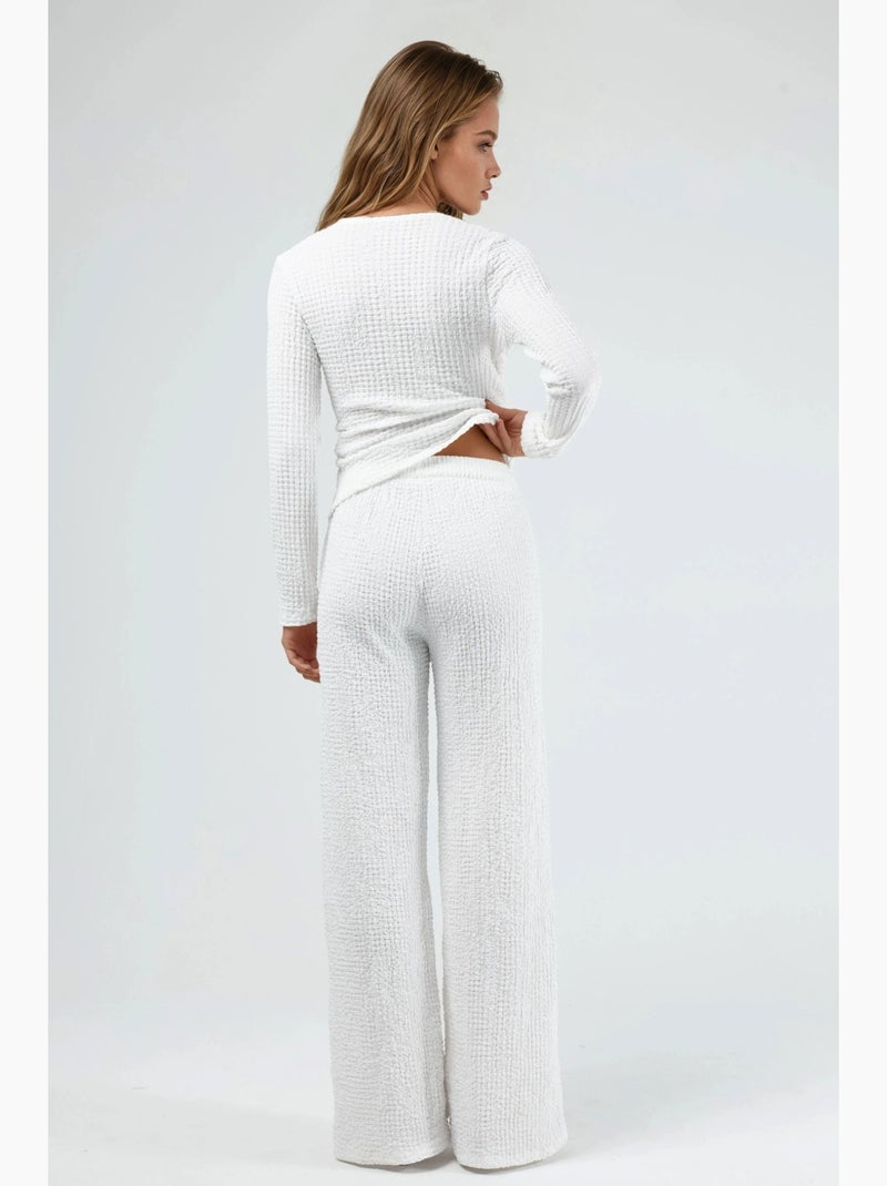 Calças de perna larga texturadas com cintura de cordão busem Branco - Kiabi