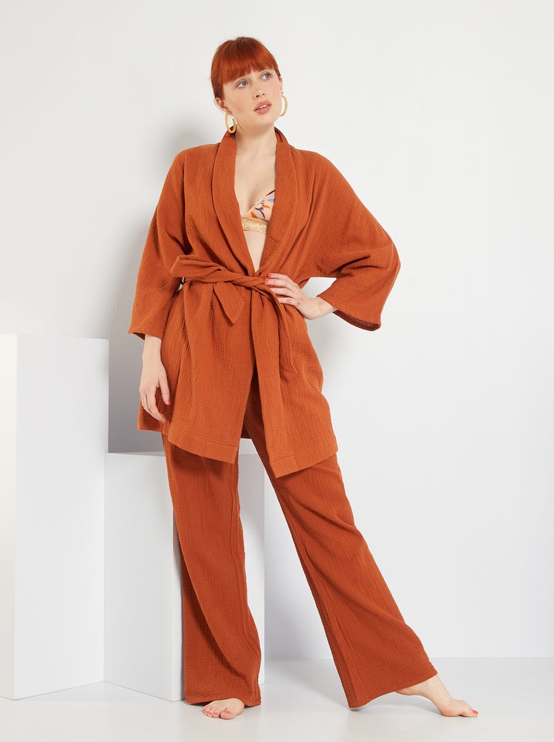 Calças de pijama em gaze de algodão MARROM - Kiabi