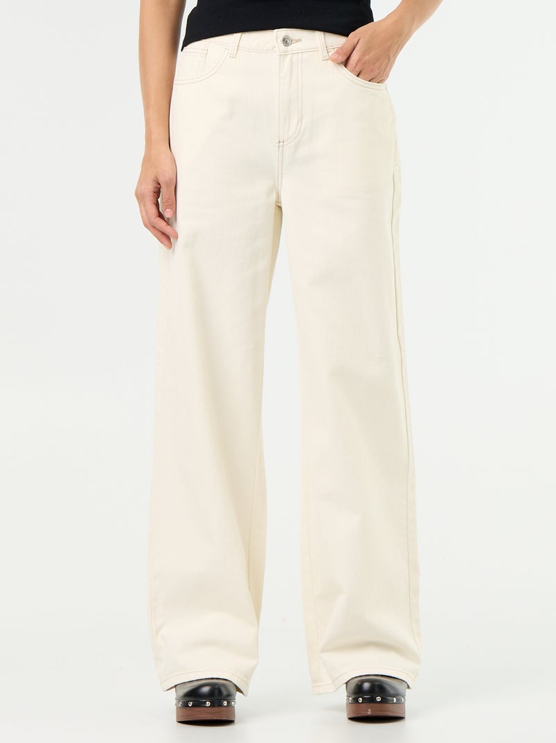 Calças de sarja de cintura alta corte wide leg Bege - Kiabi