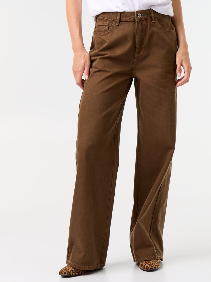 Calças de sarja de cintura alta corte wide leg Castanho - Kiabi
