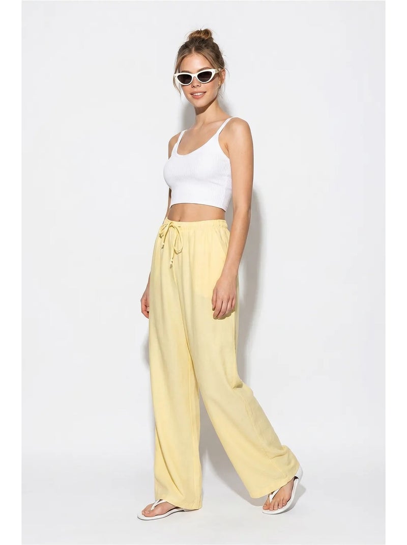 Calças femininas de crepe de perna larga lucci Amarelo-limão - Kiabi