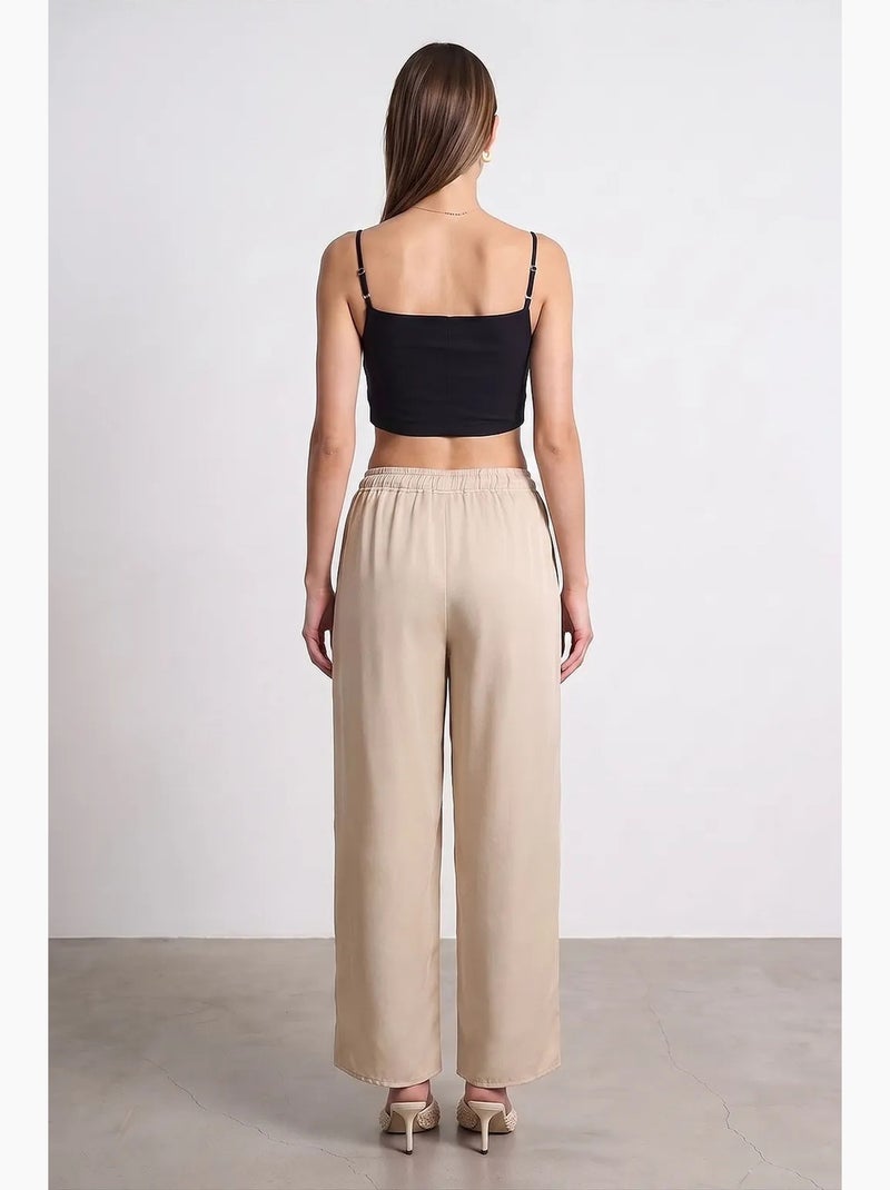 Calças femininas de crepe de tencel de perna larga com fenda dilvin Bege-argila - Kiabi