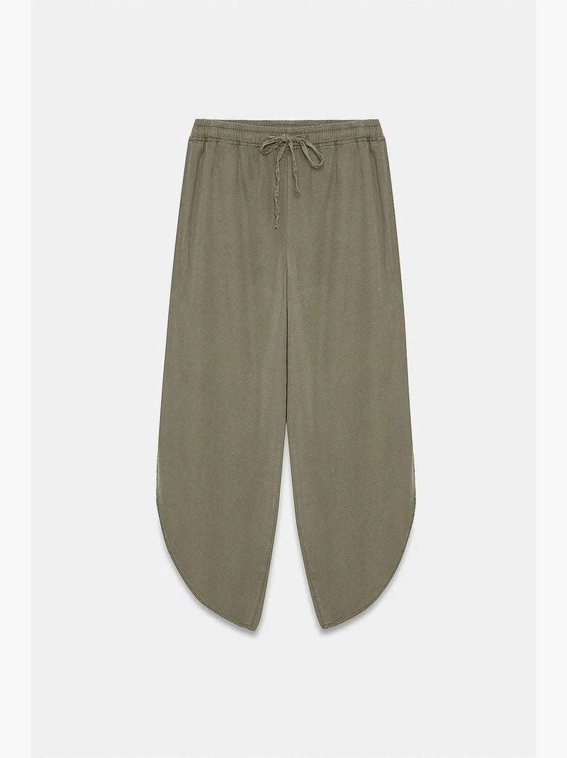 Calças femininas de crepe de tencel de perna larga com fenda dilvin Cáqui - Kiabi
