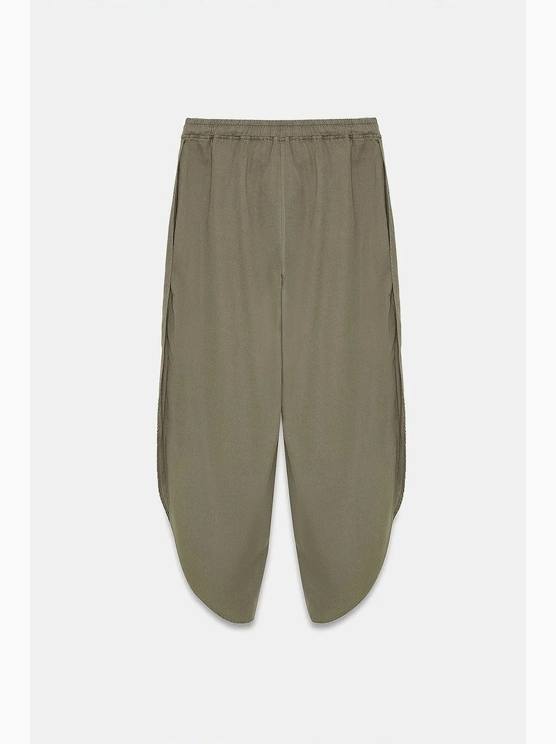 Calças femininas de crepe de tencel de perna larga com fenda dilvin Cáqui - Kiabi