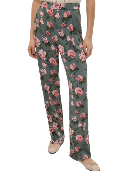 Calças Fluidas Vero Moda Easy Joy com Padrões Kaki e Rosa para Mulher - Kiabi