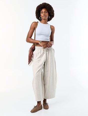 Calças largas de cintura alta em linho misto