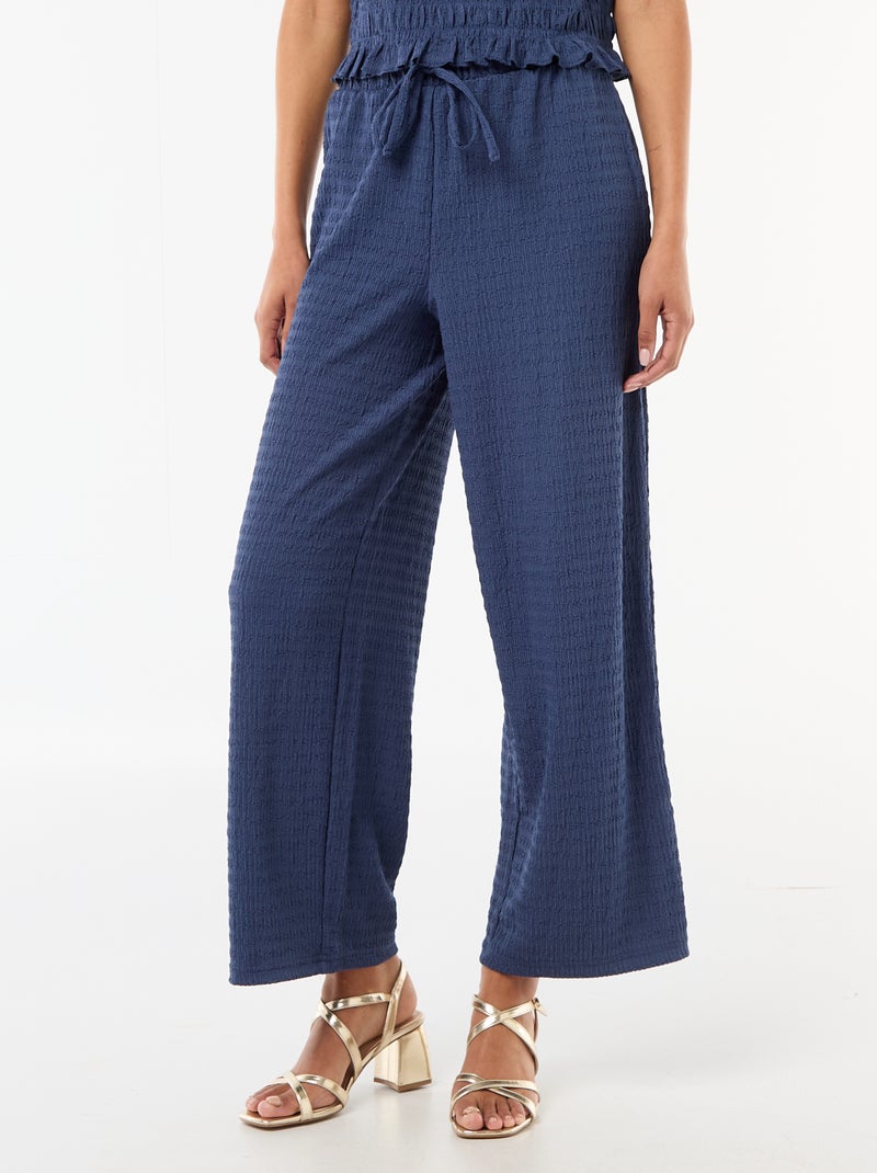 Calças largas de malha smockada Azul - Kiabi