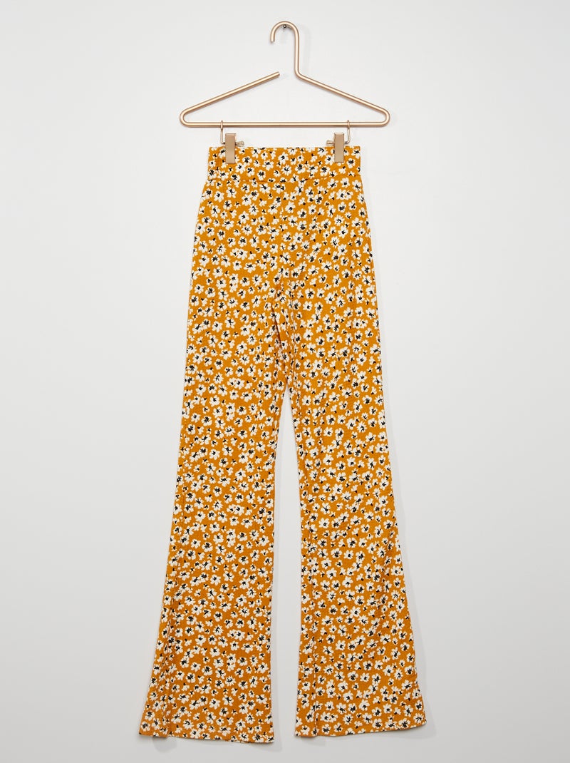 Calças largas em malha crepe elástica com flores AMARELO - Kiabi