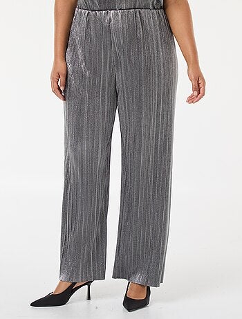 Calças largas em malha plissada prateada