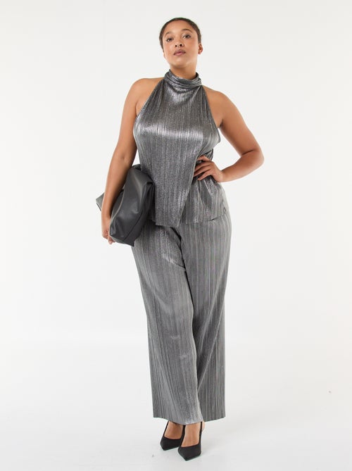 Calças largas em malha plissada prateada - Kiabi