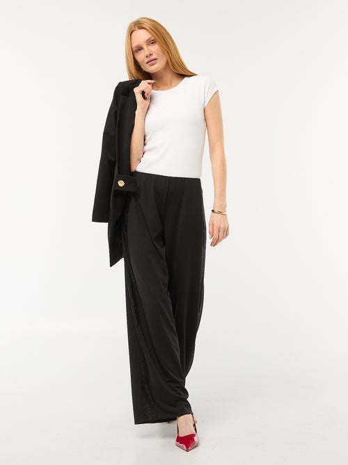 Calças largas fluidas com faixas laterais em renda - Kiabi