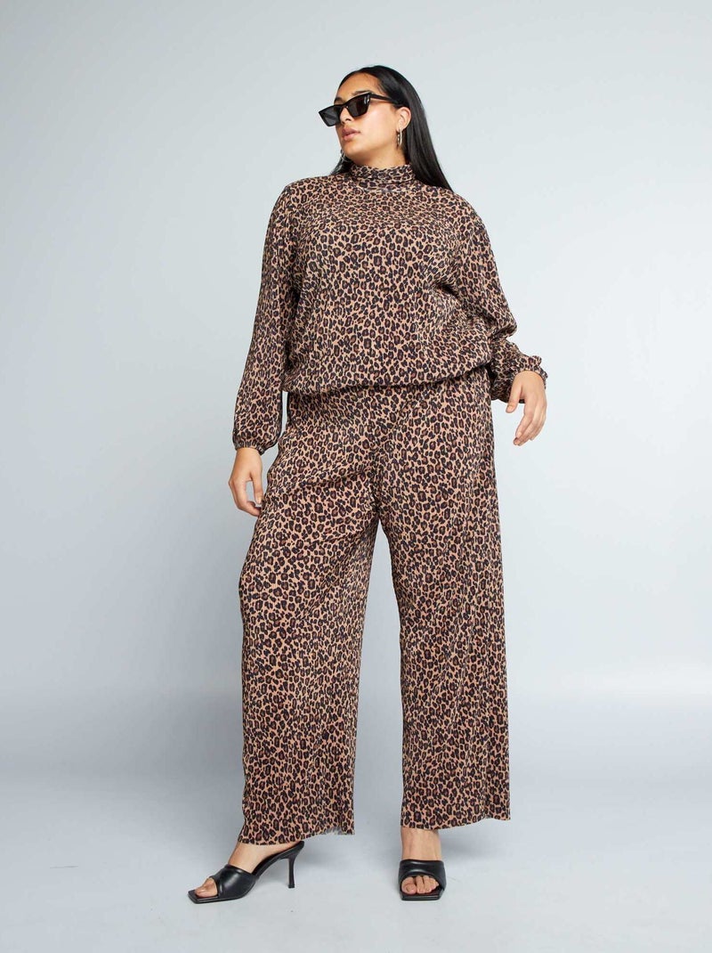 Calças largas leopardo de malha plissada MARROM - Kiabi