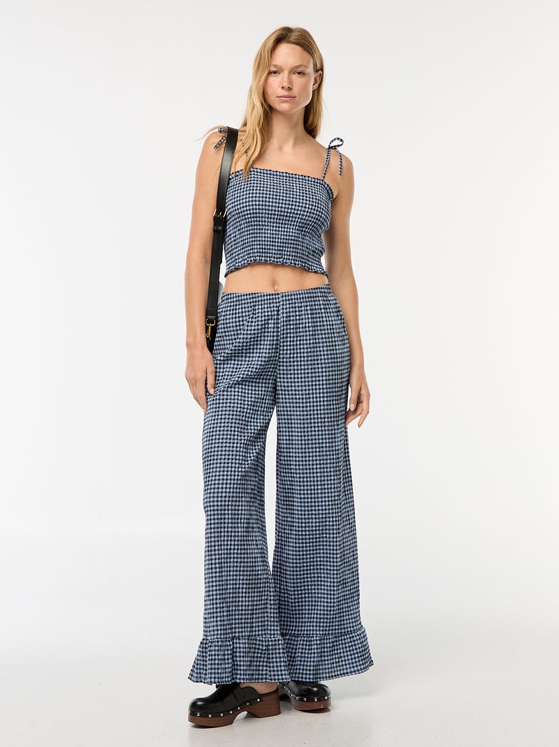 Calças largas vichy com folhos Azul - Kiabi