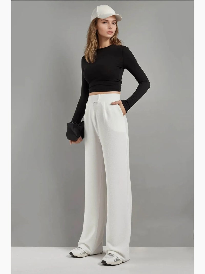 Calças palazzo de crepe com cintura subida elástica hiccup Branco - Kiabi