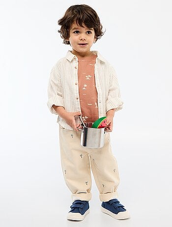 Calças paperbag bordadas all-over em sarja de algodão