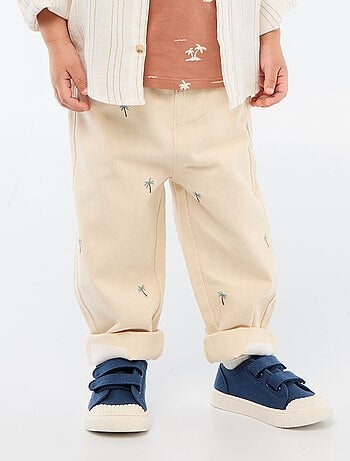 Calças paperbag bordadas all-over em sarja de algodão