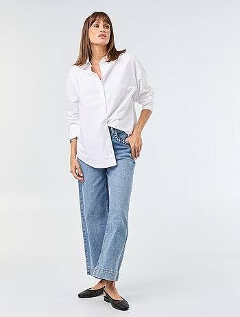 Calças wide leg com bolsos entrançados