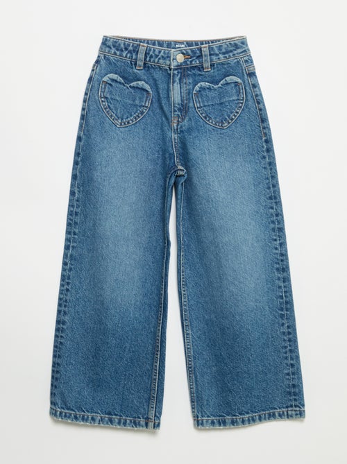 Calças wide leg com bordados de corações - Kiabi