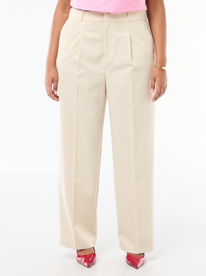 Calças wide leg com cintura subida Bege - Kiabi