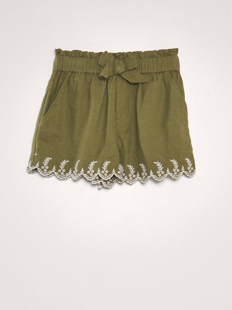 Calções bordados de algodão e linho Verde - Kiabi