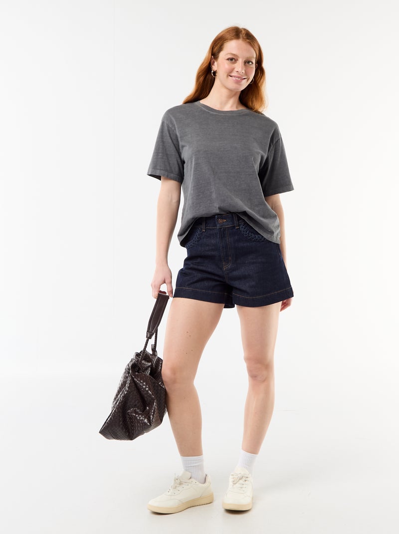 Calções de ganga com bolsos entrançados Azul - Kiabi