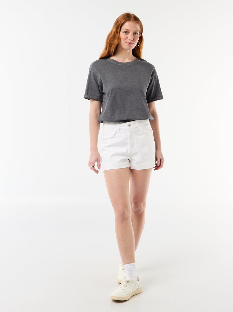 Calções de ganga com bolsos entrançados Branco - Kiabi