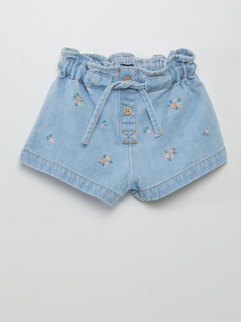Calções de ganga com flores bordadas AZUL - Kiabi