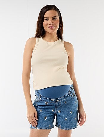 Calções de ganga de cintura alta de maternidade com bordados