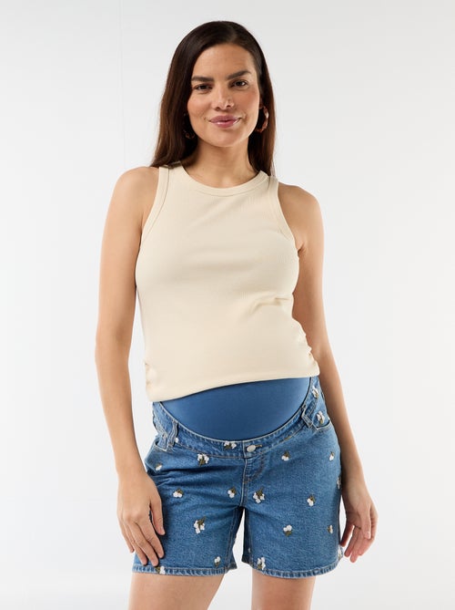 Calções de ganga de cintura alta de maternidade com bordados - Kiabi