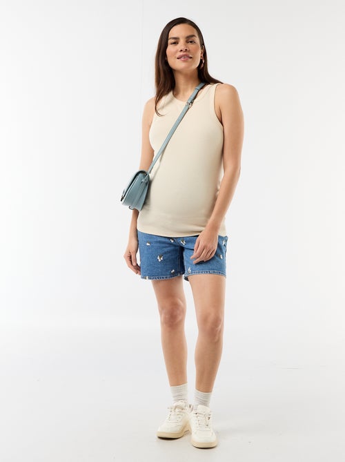 Calções de ganga de cintura alta de maternidade com bordados - Kiabi