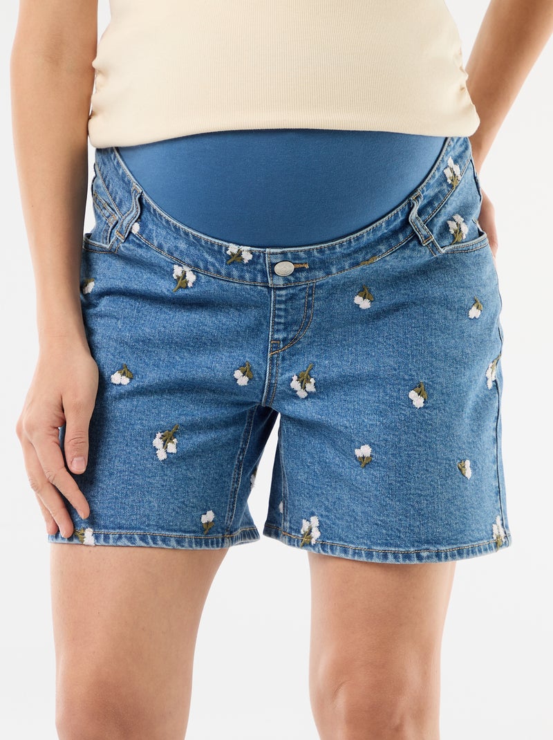Calções de ganga de cintura alta de maternidade com bordados Azul - Kiabi