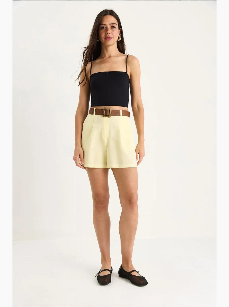 Calções de linho fino com cinto e bolso lucci Amarelo-limão - Kiabi