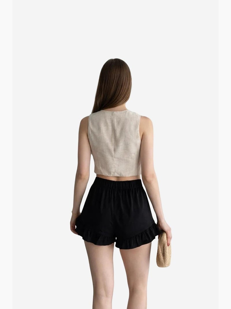 Calções de perna larga de cintura subida com folhos my fashion Preto - Kiabi