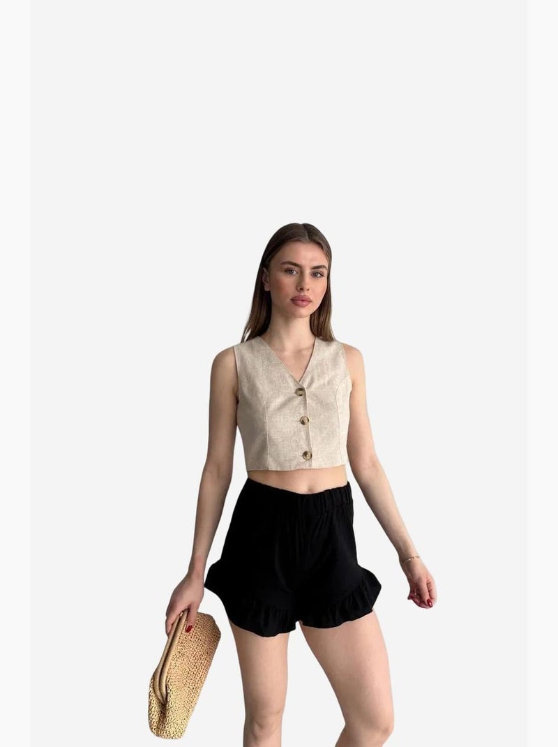 Calções de perna larga de cintura subida com folhos my fashion Preto - Kiabi