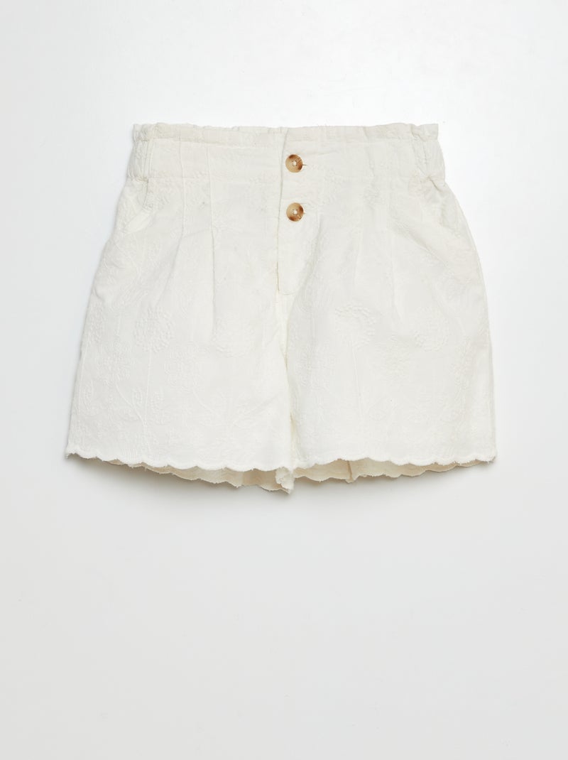 Calções em voile de algodão com bordado inglês Branco - Kiabi
