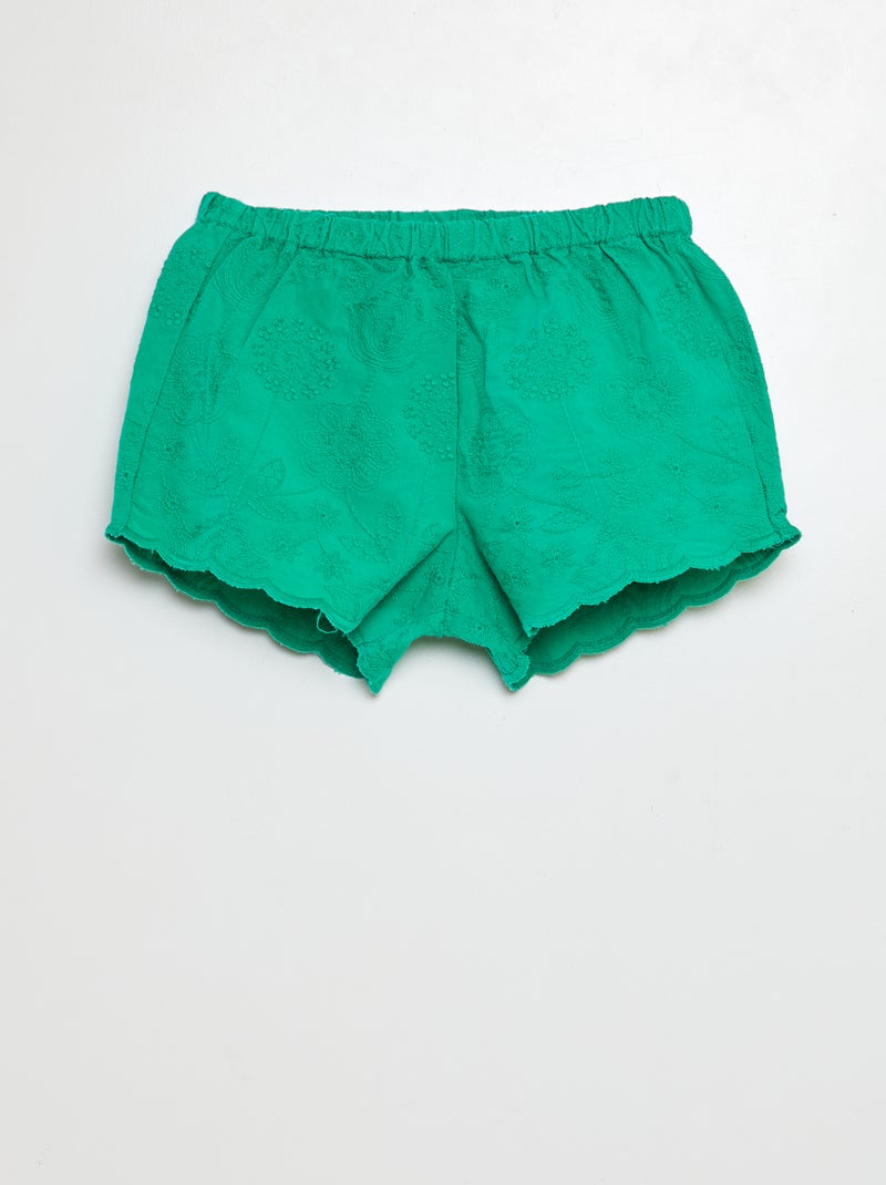 Calções em voile de algodão com bordado inglês VERDE - Kiabi