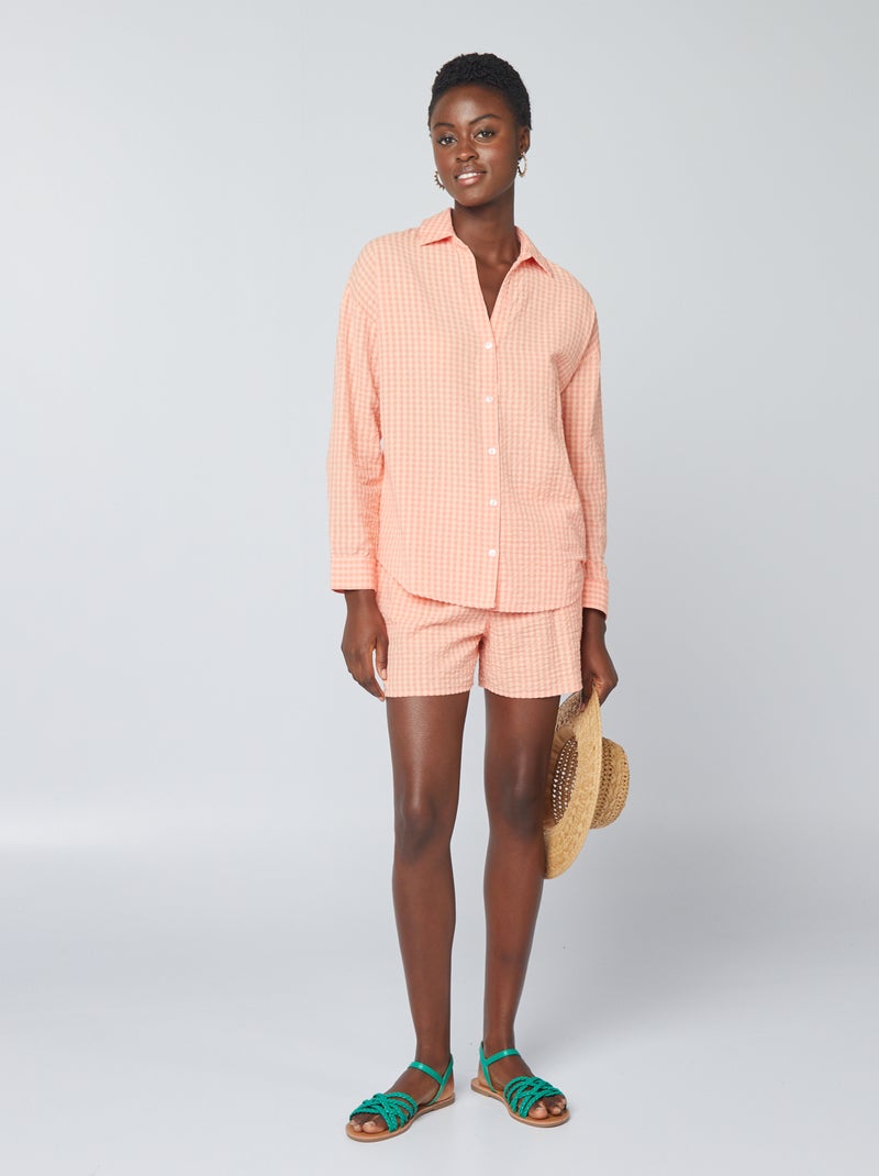 Calções gofrados com estampado vichy LARANJA - Kiabi