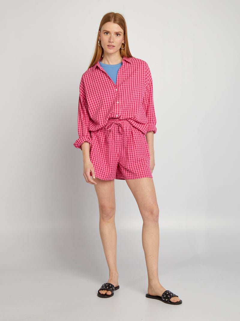 Calções gofrados com estampado vichy ROSA - Kiabi