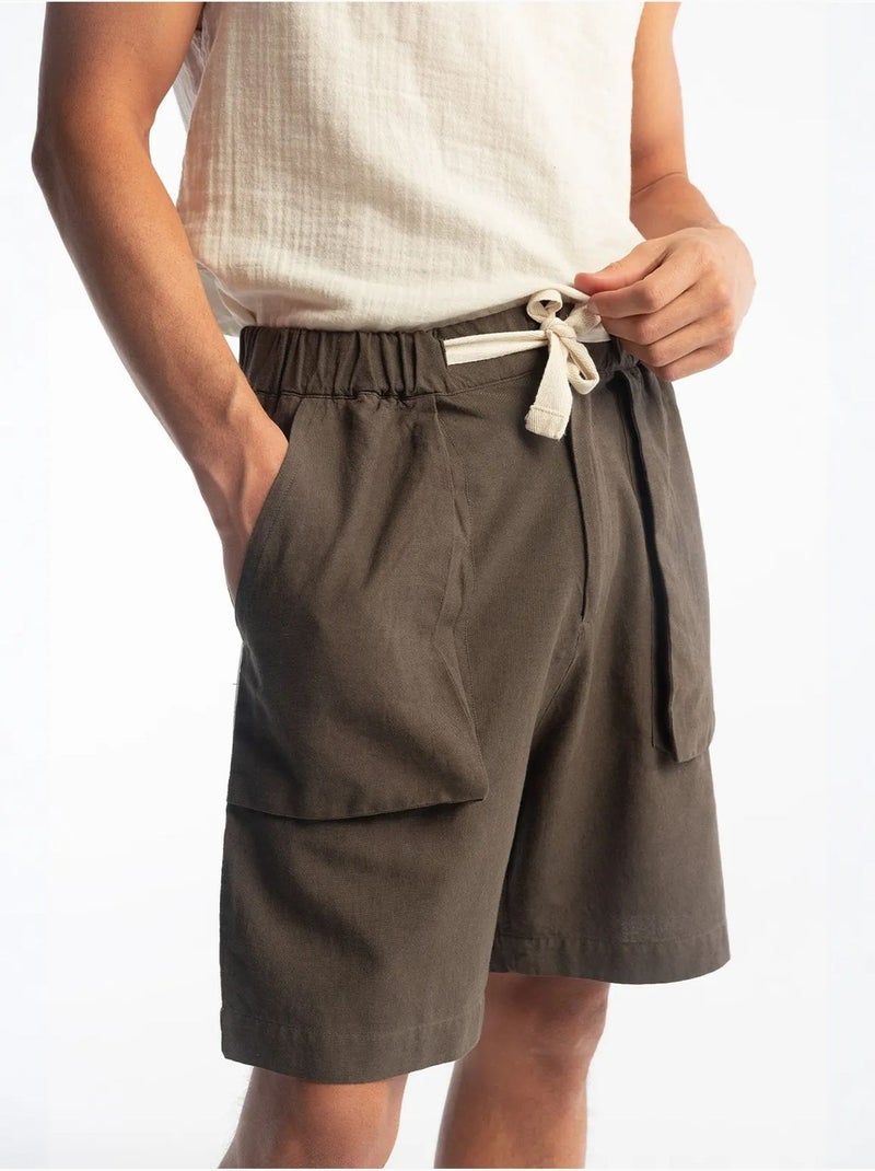 Calções regular fit em mistura de linho com cordão na cintura giesto Cinza-preto - Kiabi
