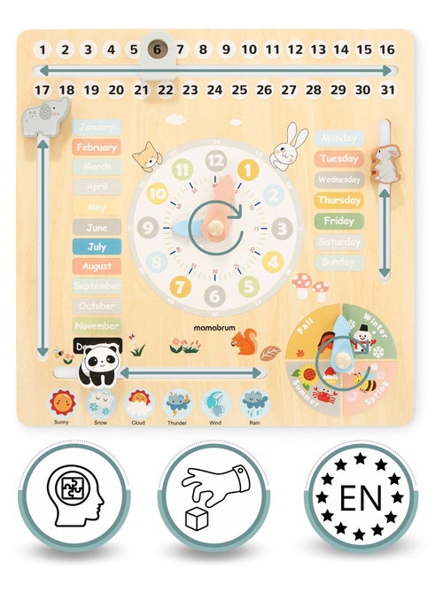 Calendário educativo 6 em 1 de madeira – aprender as horas, as datas e o estado do tempo - Kiabi
