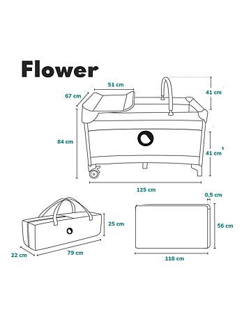 Cama de viagem 3 em 1 LIONELO Flower – Parque infantil – 0-36 meses – Dobragem rápida – Rodas