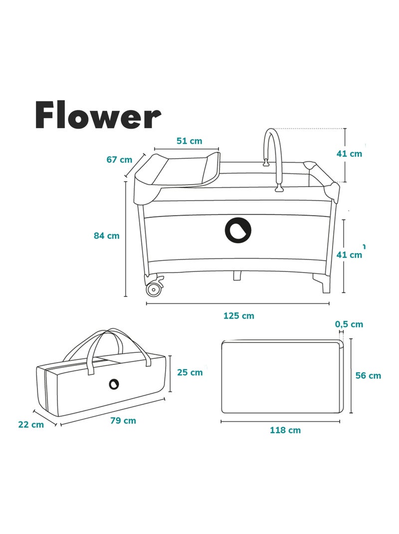 Cama de viagem 3 em 1 LIONELO Flower – Parque infantil – 0-36 meses – Dobragem rápida – Rodas Bege - Kiabi