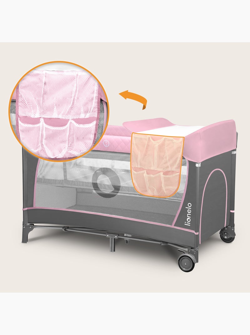 Cama de viagem 3 em 1 LIONELO Flower – Parque infantil – 0-36 meses – Dobragem rápida – Rodas Branco Rosa Cinza - Kiabi