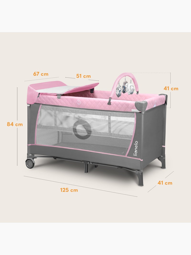 Cama de viagem 3 em 1 LIONELO Flower – Parque infantil – 0-36 meses – Dobragem rápida – Rodas Branco Rosa Cinza - Kiabi
