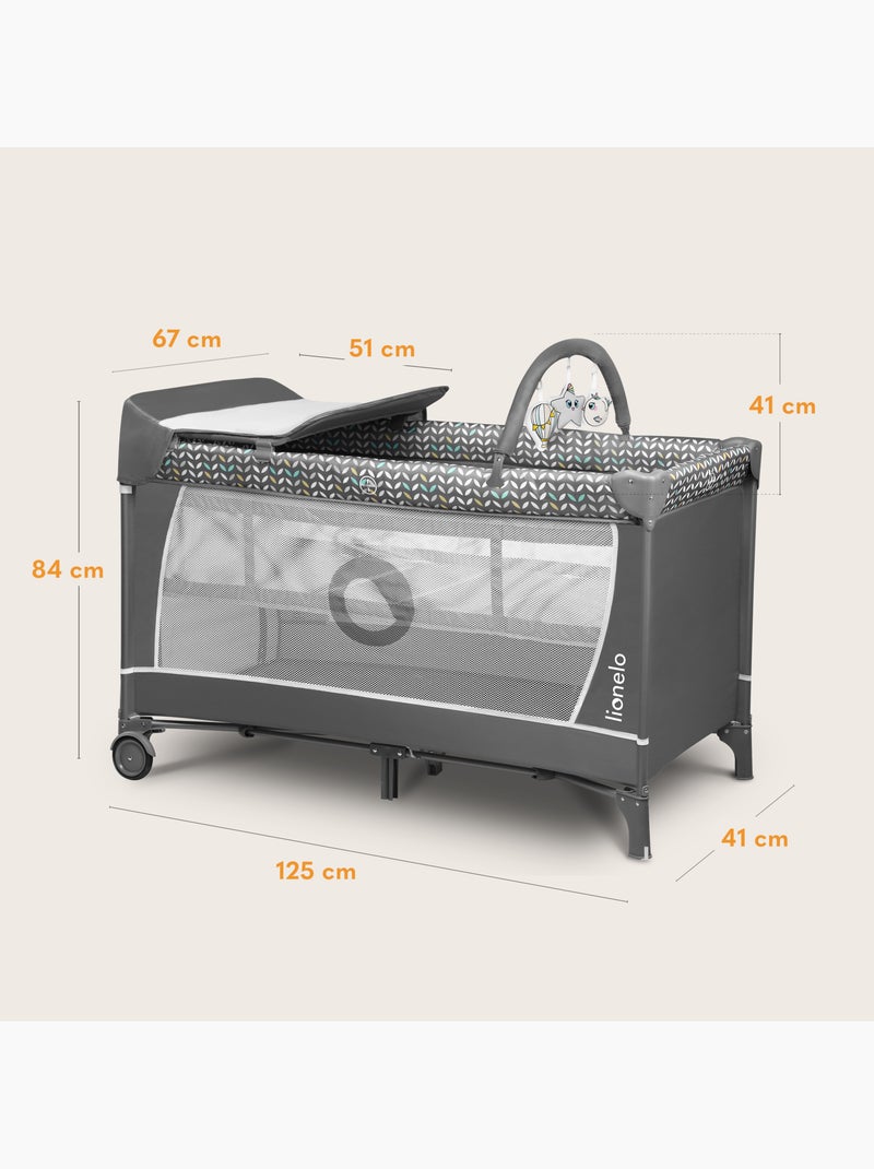 Cama de viagem 3 em 1 LIONELO Flower – Parque infantil – 0-36 meses – Dobragem rápida – Rodas Cinza escuro - Kiabi