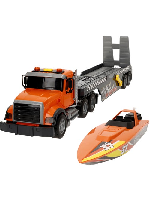 Camião de transporte com luz e som 1:14 + barco de brincar speed & go - Kiabi Camião de transporte com luz e som 1:14 + barco de brincar speed & go - Kiabi
