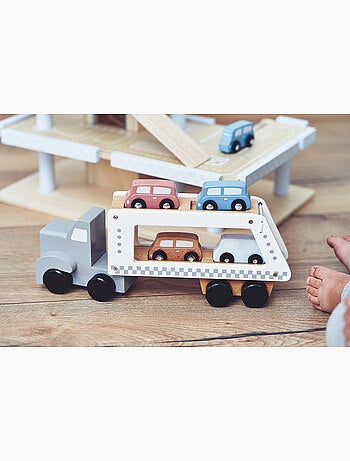 Camião transportador de carros em madeira com 4 carrinhos – brinquedo infantil